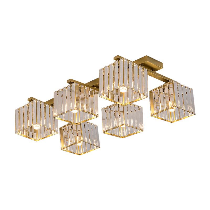 Modern Square Semi Flush Mount Tri-Sided Crystal Rod 4/6/9 Lights Living Room Ceiling Fixture in Gold/Black
