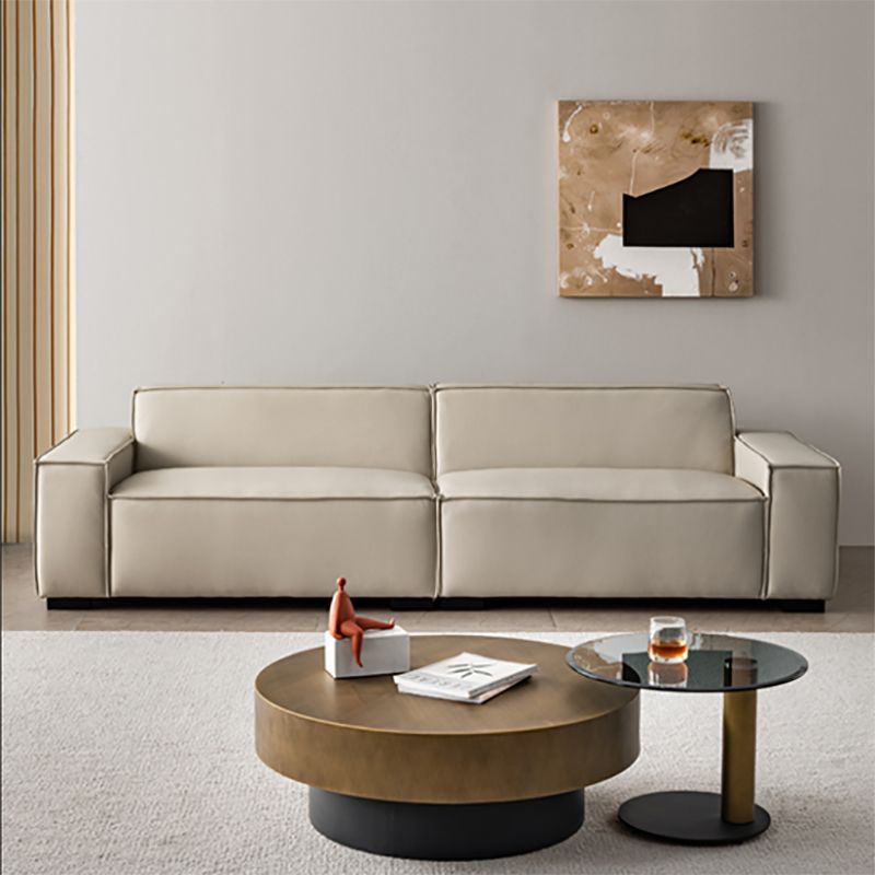 Contemporary White Cushions Square Arm Living Room Genuine Leather Seating