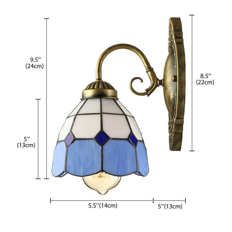 Vintage Style Grid Dome Wall Sconce 1 Bulb Art Glass Wall Lamp with Curved Arm in Blue for Bathroom