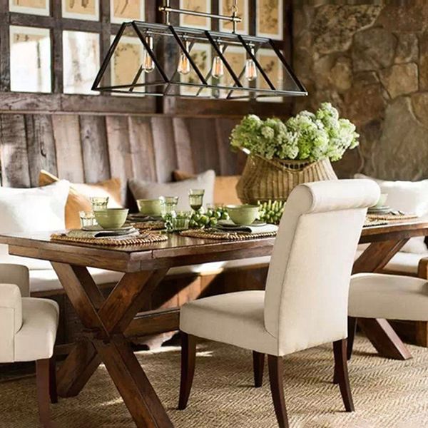Rectangle Mid-Century Dining Table Brown Tone Fixed Table with Pinewood Solid Wood