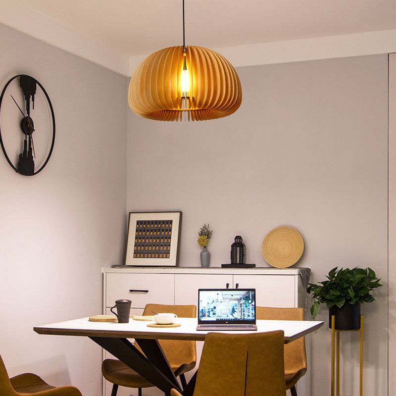 1 Light Pumpkin Shape Wooden Pendant Light Modern Style Living Room Hanging Lamp Fixture