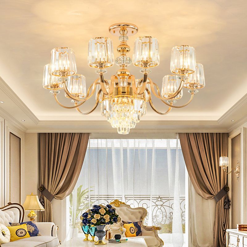 Crystal Block Chandelier Lighting Transitional Rose Gold Cylinder Parlor Pendant Light