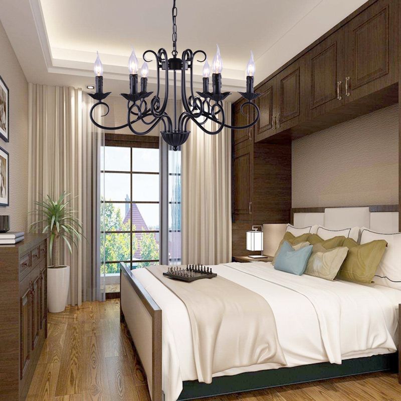 Chandelier de plafond de bougie traditionnelle 6 têtes Kit de lumière suspendue en métal en noir pour le salon