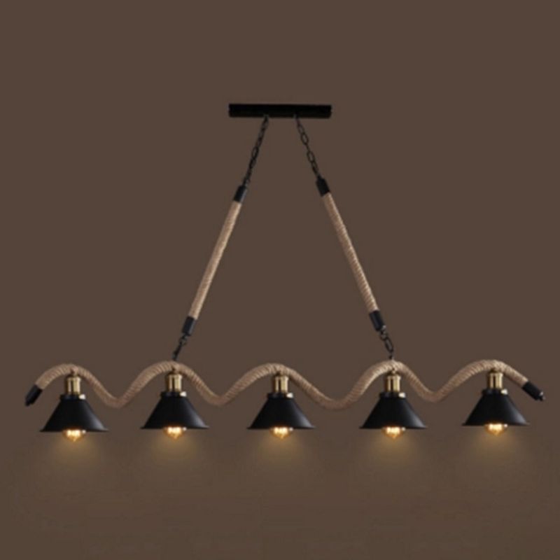 Rope Black Island Pendant Light Cone Antique Island Chandelier Light for Restaurant