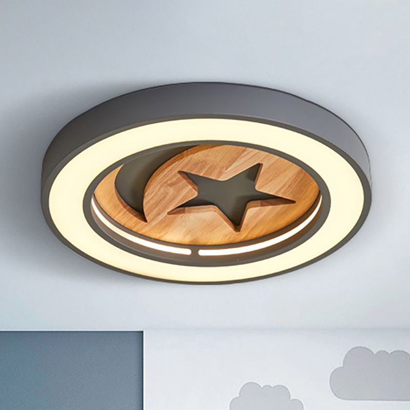 Baby Room Circulaire Flushmount Light with Star & Moon Wooden Nordic LED Ceiling Light