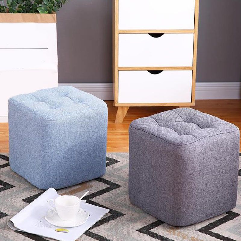 Contemporary Square Shape Cube Linen Blend Upholstered Ottoman