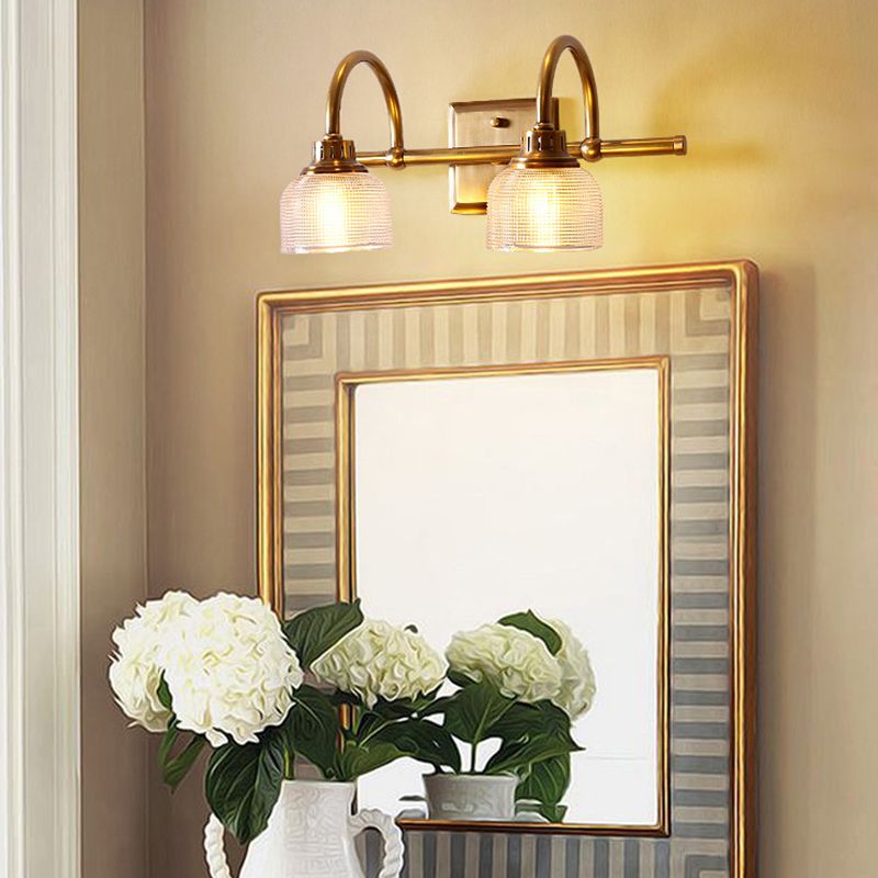 Brass Armed Vanity Light Fixture American Style Vanity Mirror Lights in Prismatic Glass Shade