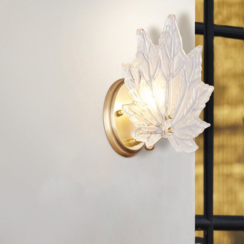 Individual Maple Leaves Wall Sconce Brass Siding Wall Light Sconce in Glass Shade