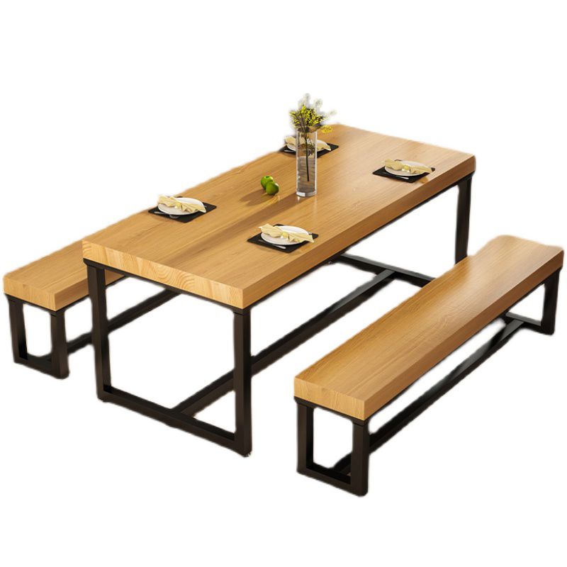 Industrial Solid Wood Dining Table Rectangle Table in Brown with Metal Trestle Base
