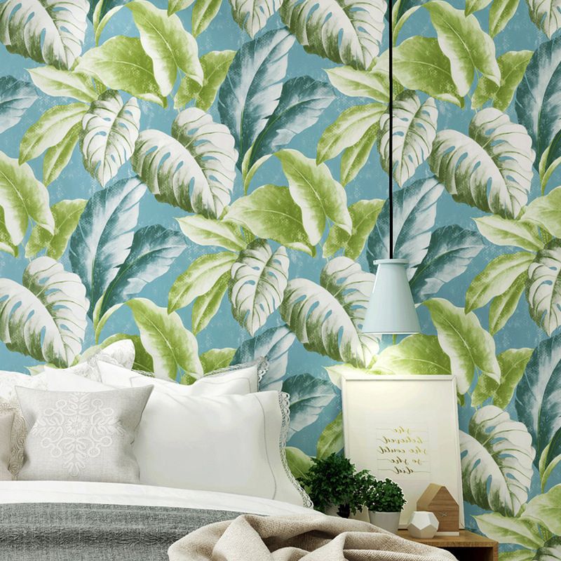 Green and Blue Wall Covering Banana leaf 33'L x 20.5"W Non-Pasted Water-Resistant Wallpaper