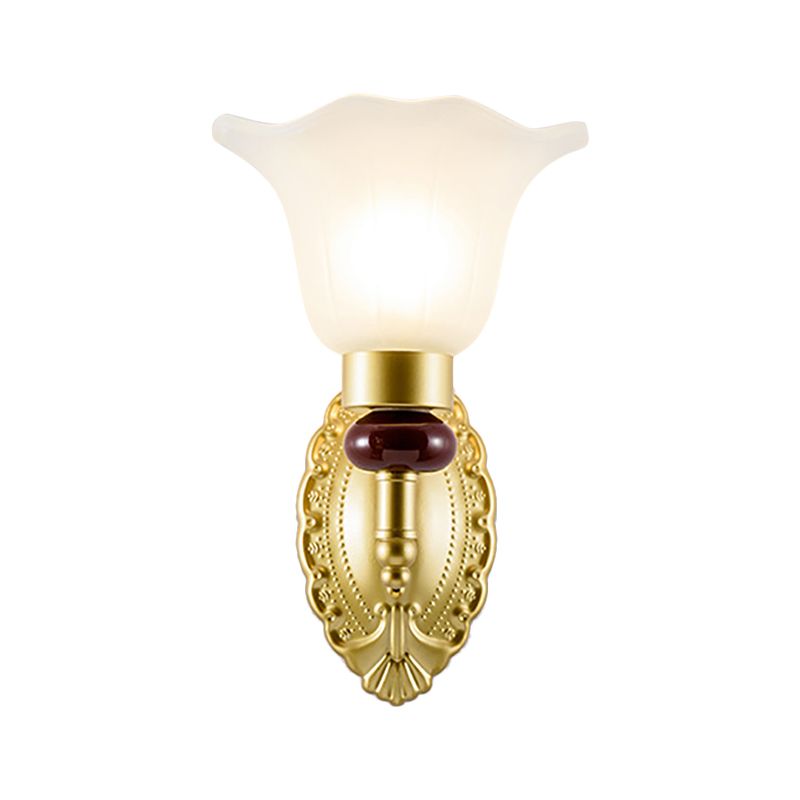 1/2-Head Wall Light Fixture with Petal Shade Opal Glass Vintage Style Bedroom Wall Sconce in Gold