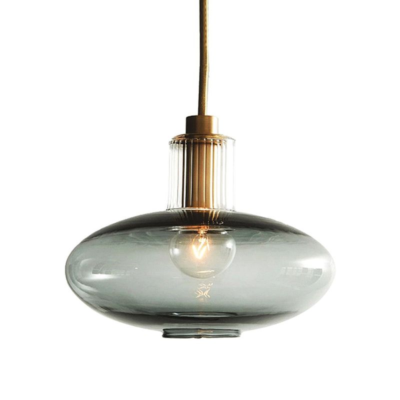 Oval Hanging Light Fixture Mid Century Blue Open Glass 1 Bulb Dining Room Pendant Lighting with Brass Cork