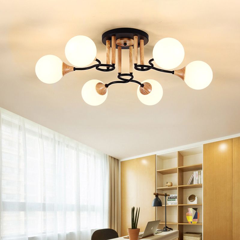Lámpara de techo empotrada de vidrio opalino, modernismo, lámpara de techo empotrada de vidrio opalino de 3/6 luces, esfera negra y madera
