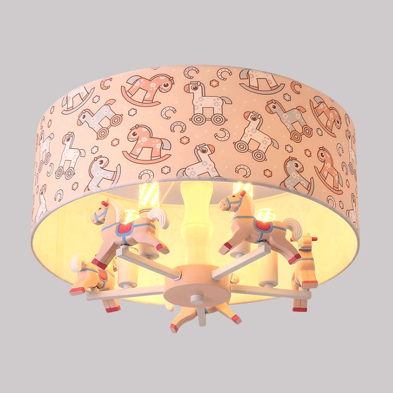 Pink Rounded Semi-Flush Mount Cartoon 5-Bulb Fabric Flush Ceiling Light with Hobbyhorse Decor
