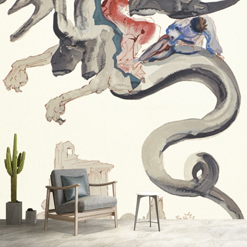 Religion Ghost Mural Wallpaper Surrealism Style Non-Woven Wall Decor in Light Yellow