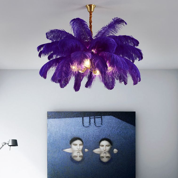 Ostrich Feather Ceiling Chandelier Modern Nordic Creative 6 Light Hanging Ceiling Light for Bedroom