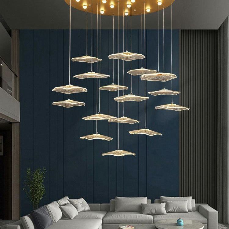 Minimalist Artistic Multi-Light Pendant Gold Lotus Leaf Hanging Light with Acrylic Shade