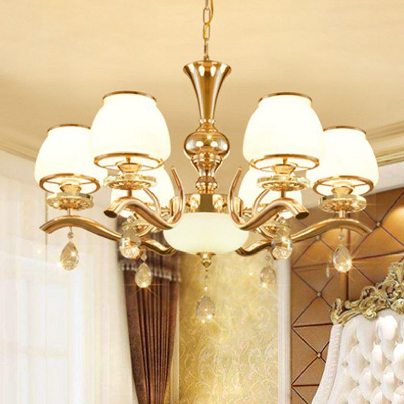 Gold Finish Chandelier Lamp Minimalist Tapered White Glass Hanging Light for Sitting Room