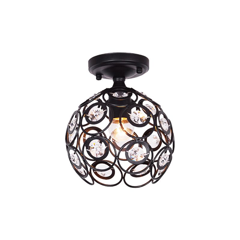 Metal Globe Cage Semi-Flush Mount with Crystal Decoration Contemporary 1 Bulb Semi Flush Ceiling Light in Black