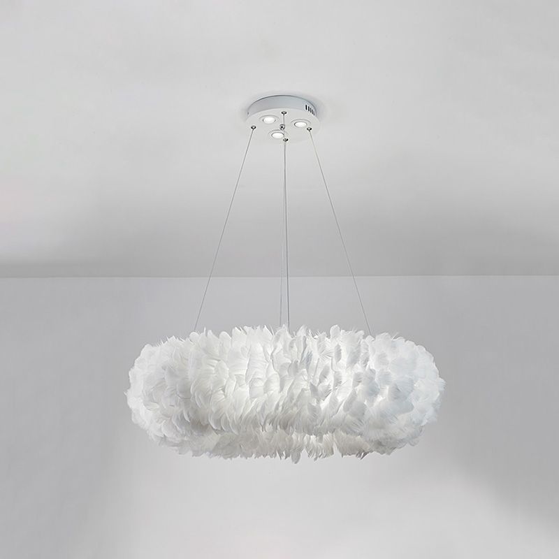 White Doughnut Shape Feather Chandelier Light Modern Style Hanging Pendant Lamp for Bedroom