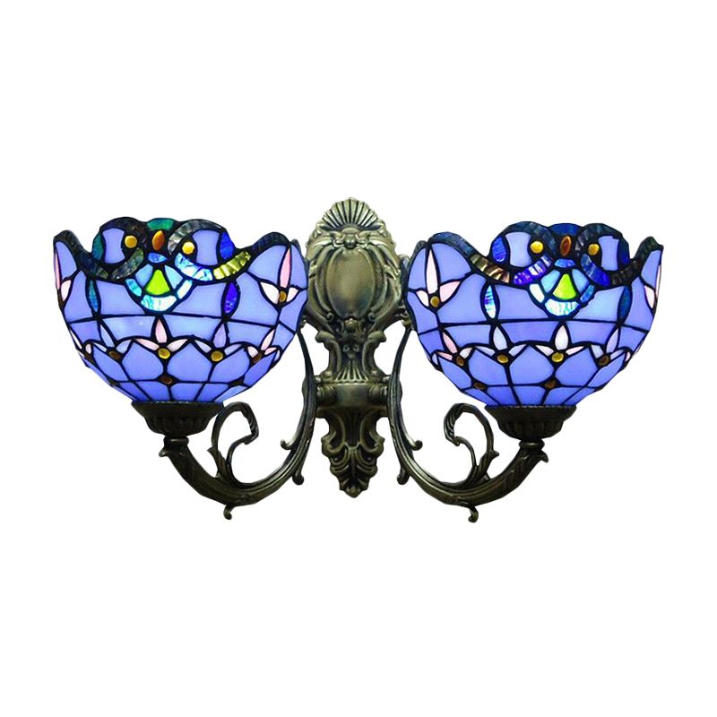 Tulip Wall Lamp Fixtures with Curved Arm Village Stained Glass 2 Lights Wall Sconce with Bowl Shade in Blue
