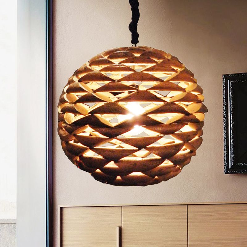 Luz de colgante esférica de madera asiática 1 accesorio de iluminación colgante de bulbo marrón, 12 "/14" de ancho