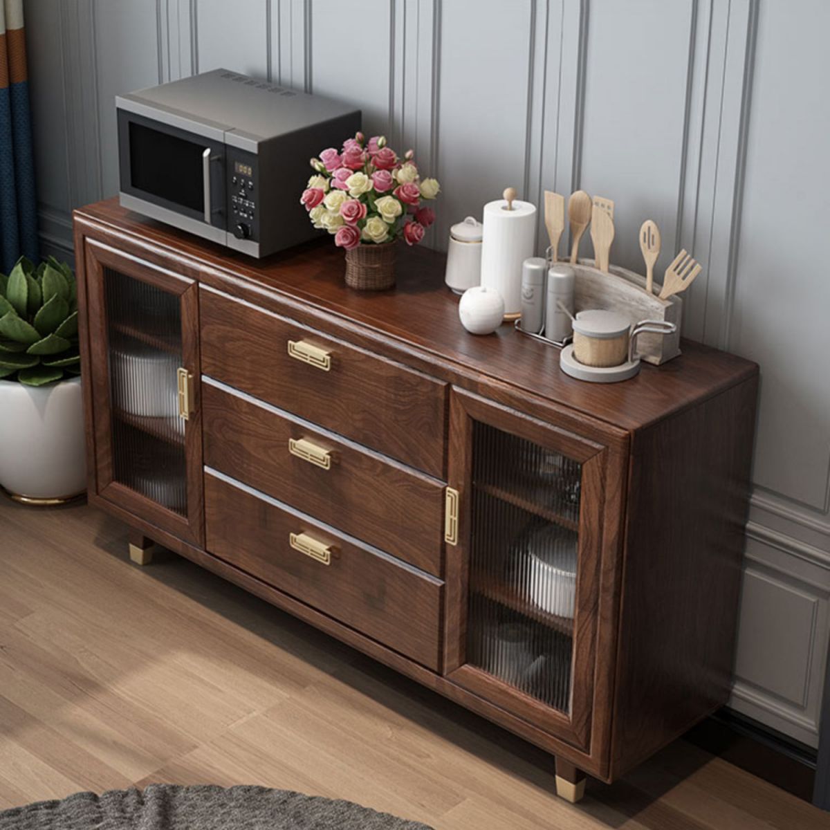 Modern Rubberwood Solid Wood Sideboard 34.5" H Brown Credenza for Dining Room