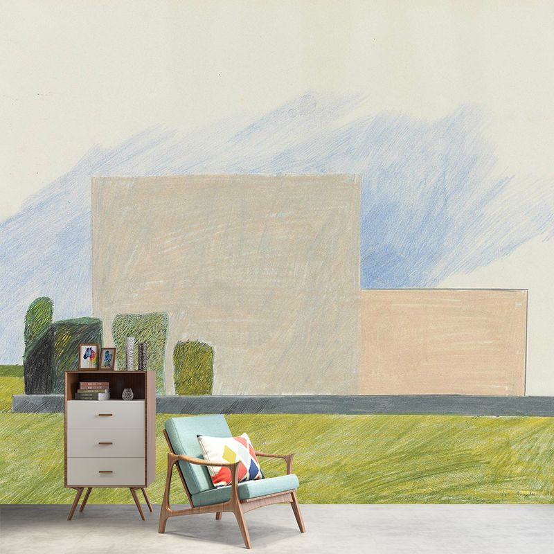 Modern Art House Drawing Murals Grey-Yellow-Green Stain-Proof Wall Decor for Bedroom
