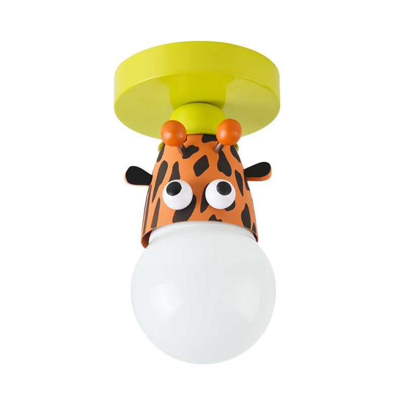 Single Bulb Bedroom Semi-Flush Mount Lighting Kids Yellow Ceiling Lamp with Giraffe / Monkey / Tiger Metal Shade