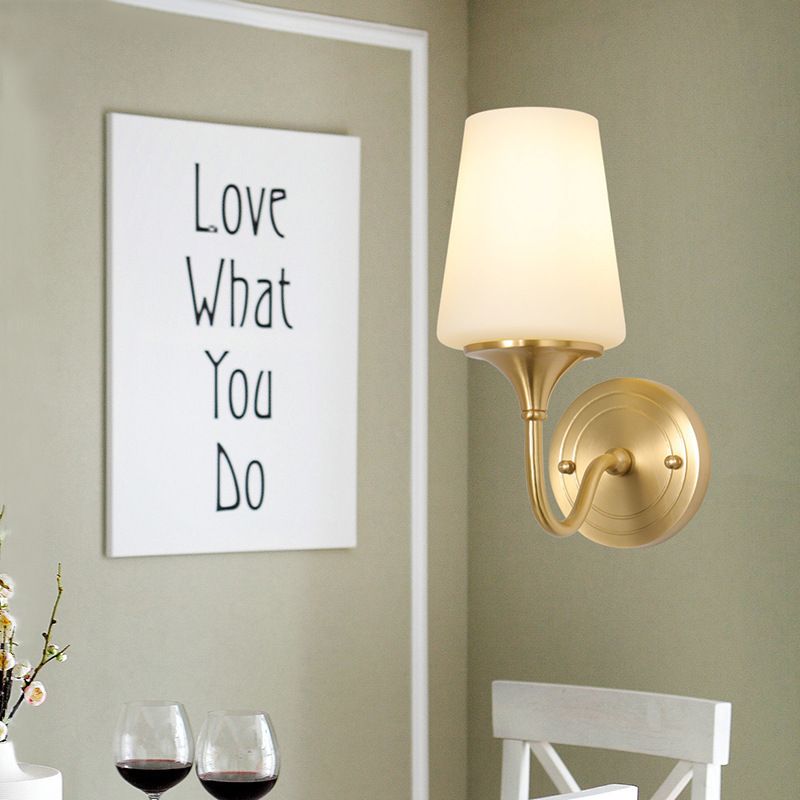 1/2-Bulb Cone Shade Wall Light Contemporary Style White Glass Wall Sconce Lighting in Brass for Bedroom