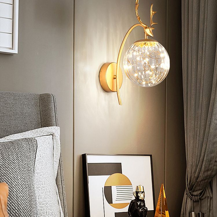 Spherical Wall Sconce with Antlers Nordic Luxury Style Glass Sconces for Living Room Bedroom