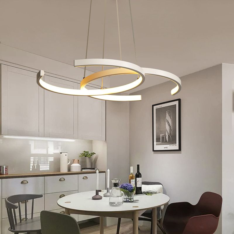 Double C-Shape Metal Ceiling Pendant Light Minimalist Black/White LED Chandelier Light, Warm/White Light