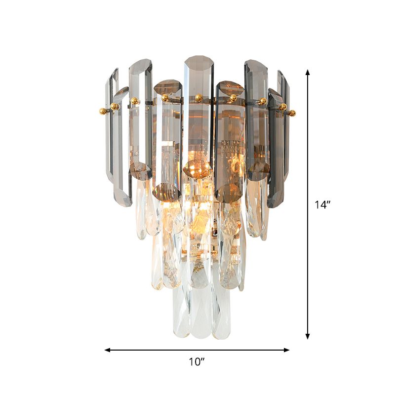 2 Heads Wall Sconce Modernist Tiered Clear and Smoke Gray Crystal Wall Lighting Fixture