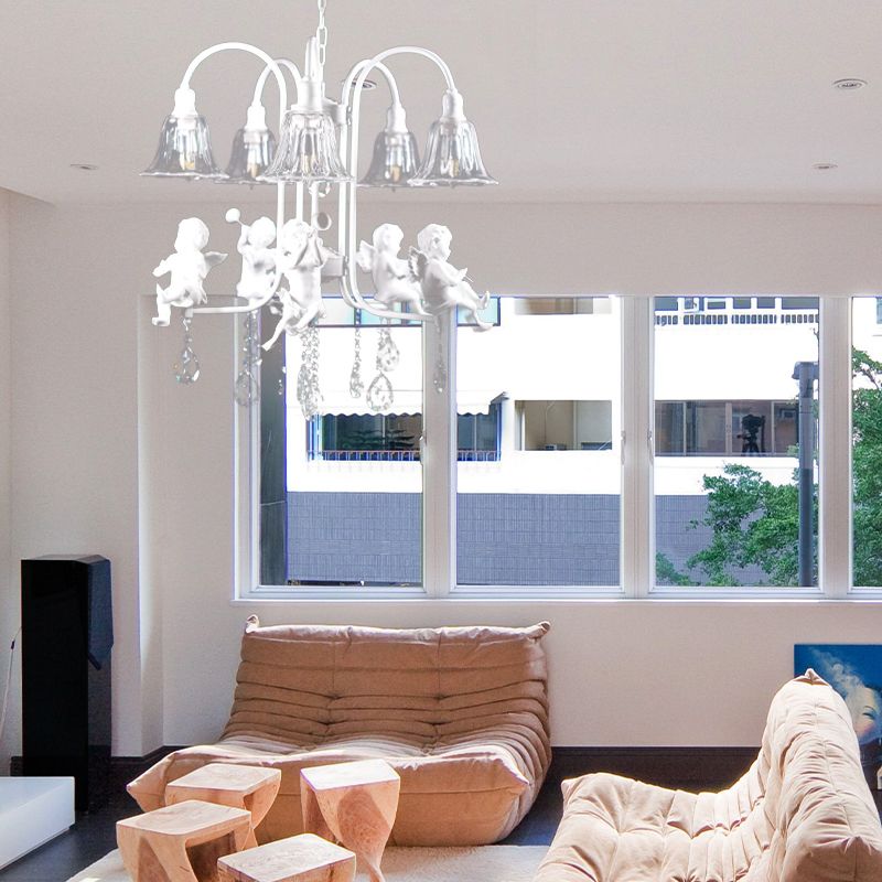 Flared Chandelier Pendant Traditional Plexiglas 5 Lights White Ceiling Light Fixture with Angels and Crystal Drop