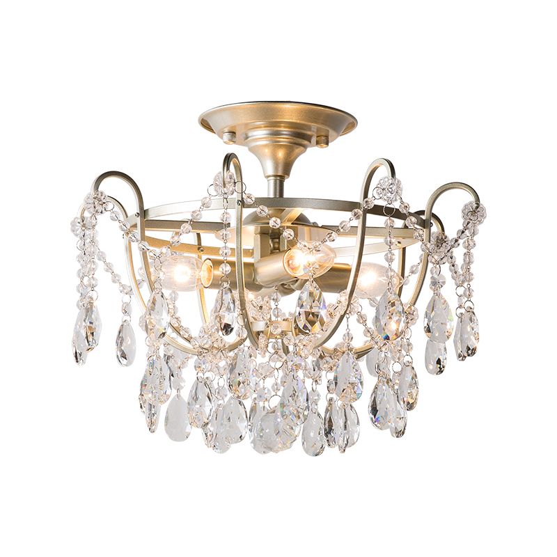 Gold Raindrop Semi Flush Light Traditional Crystal 4 Bulbs Drawing Room Ceiling Fixture