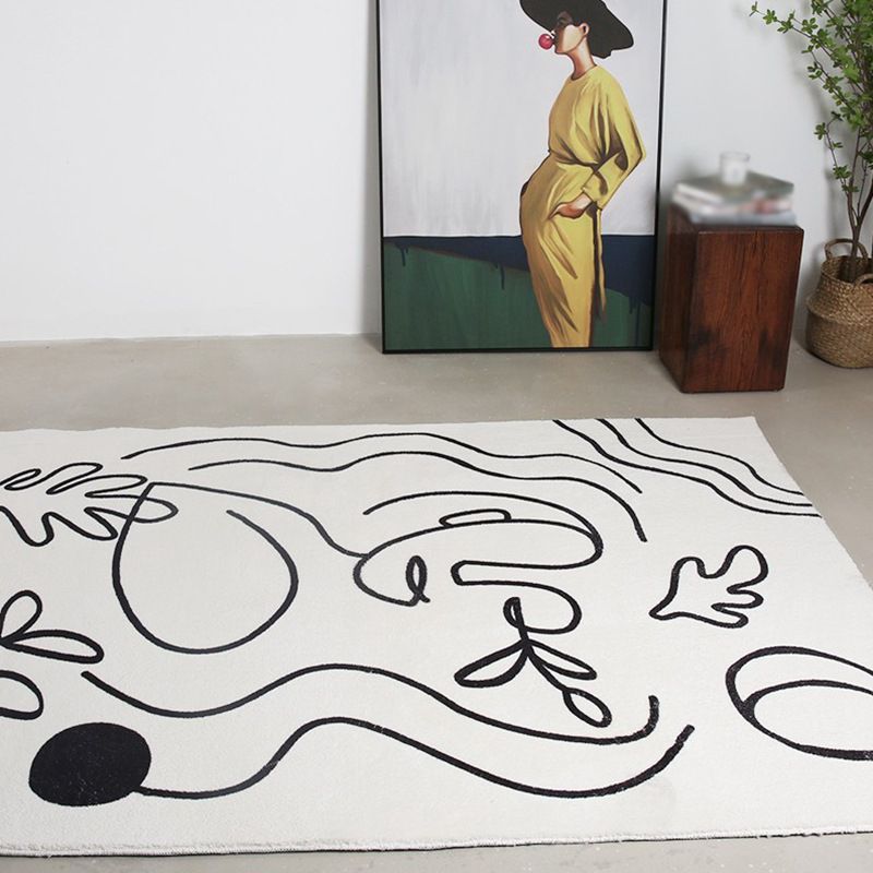 White Modern Rug Polyester Abstract Face Rug Washable Rug for Home Decoration