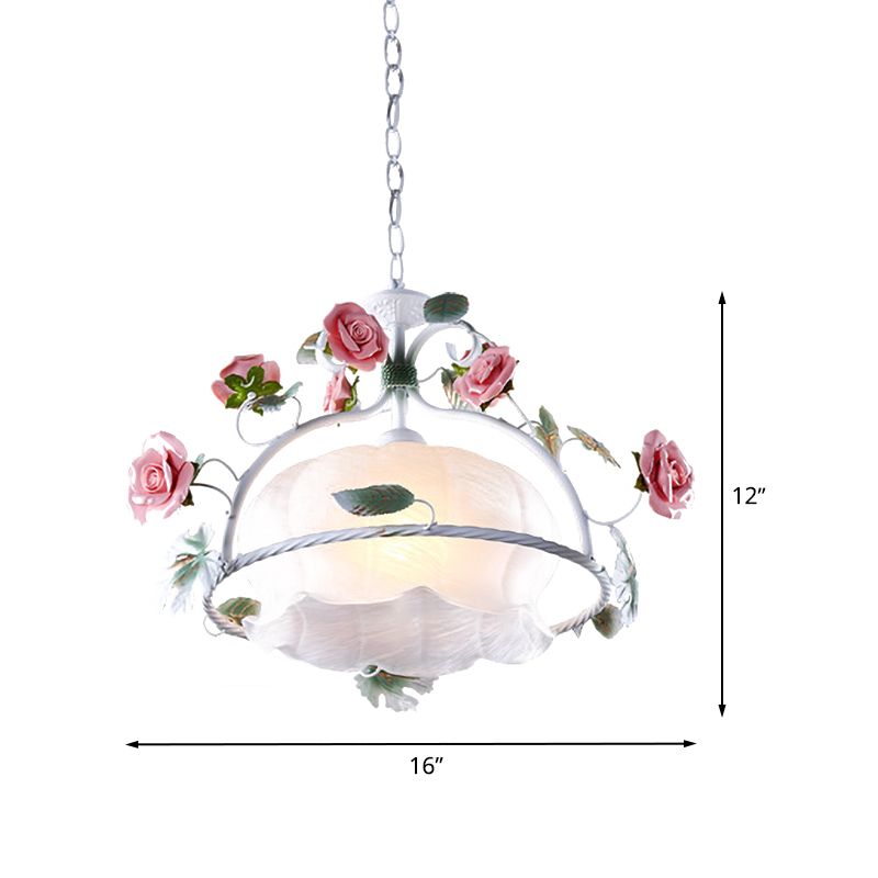 Korean Garden Floral Hanging Pendant 1 Head White Glass Down Lighting for Dining Room