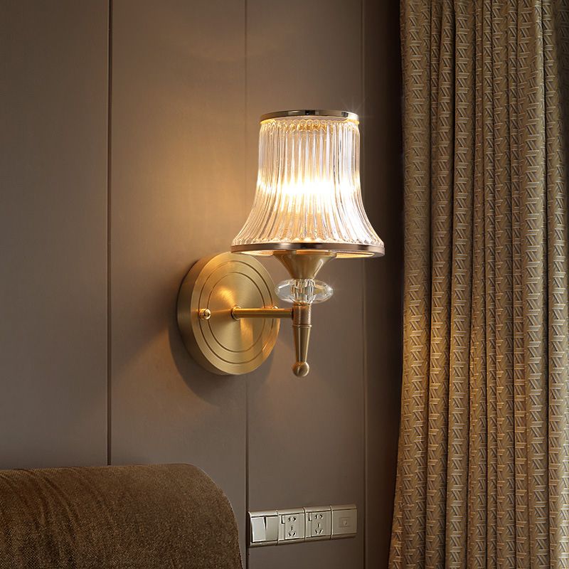 Conic Clear Ribbed Glass Wall Light Fixture Classic 1/2-Bulb Living Room Wall Sconce in Brass with Crystal Accent