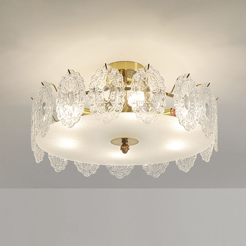 Gold Metal Semi Flush Mount Light Fixture Traditional Drum Bedroom Semi Flush Lamps with Glass Shade