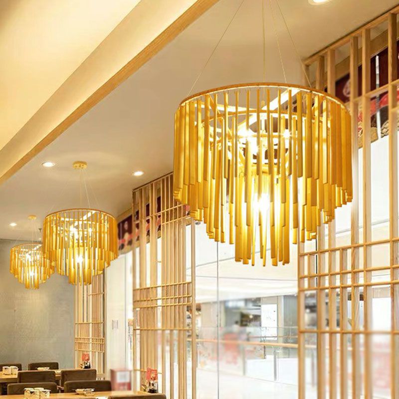 Tiered Chandelier Pendant Light Contemporary Bamboo 4 Heads Yellow Hanging Lighting for Restaurant