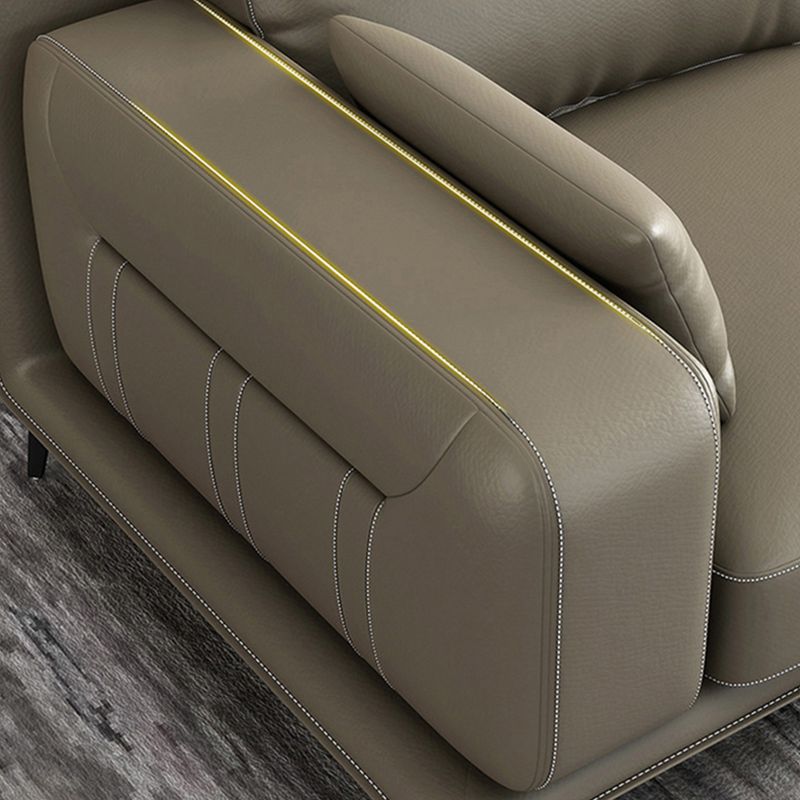 Stationary Genuine Leather Living Room Recessed Arm Pillows Sofa