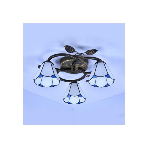 Geometric Ceiling Light Fixture with Pattern Tiffany Stained Glass 3 Lights Flushmount Ceiling Light in Bronze