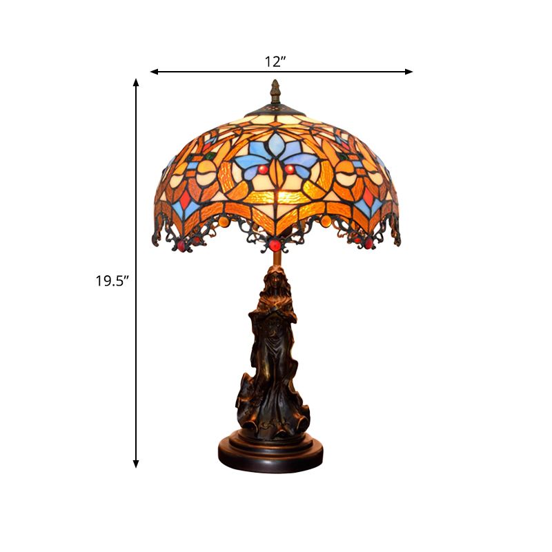 Scroll-Trim Scalloped Night Light Tiffany Stained Glass 1 Head Bronze Table Lighting with Parrot Pattern