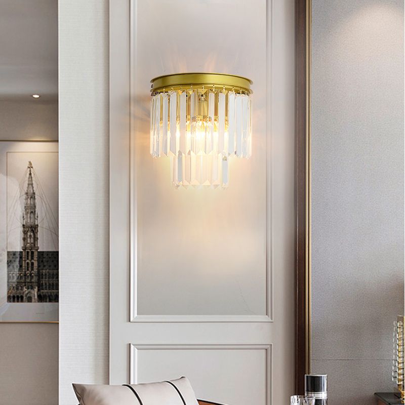 Clear Faceted Crystal Wall Lamp 2 Bulbs Modernist Style Wall Light Fixture in Gold Finish