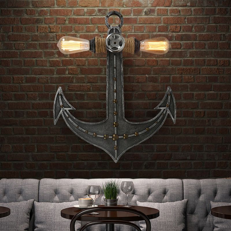 2 Lights Anchor Wall Lamp Nautical Industrial Wrought Iron Sconce Lighting for Restaurant