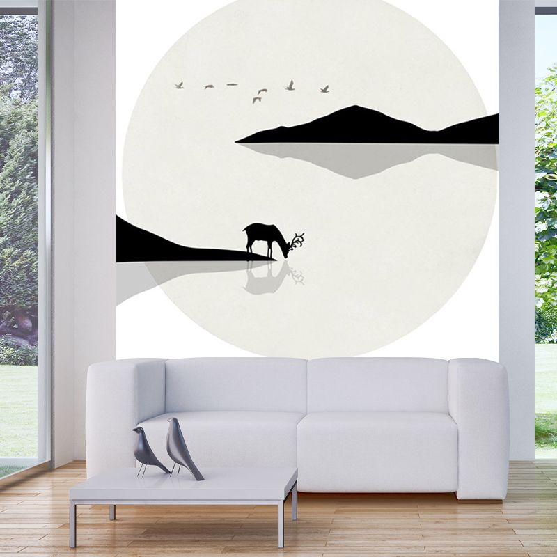 Minimalist Lakeside Deer Drinking Murals Black-White Stain Resistant Wall Covering for Home