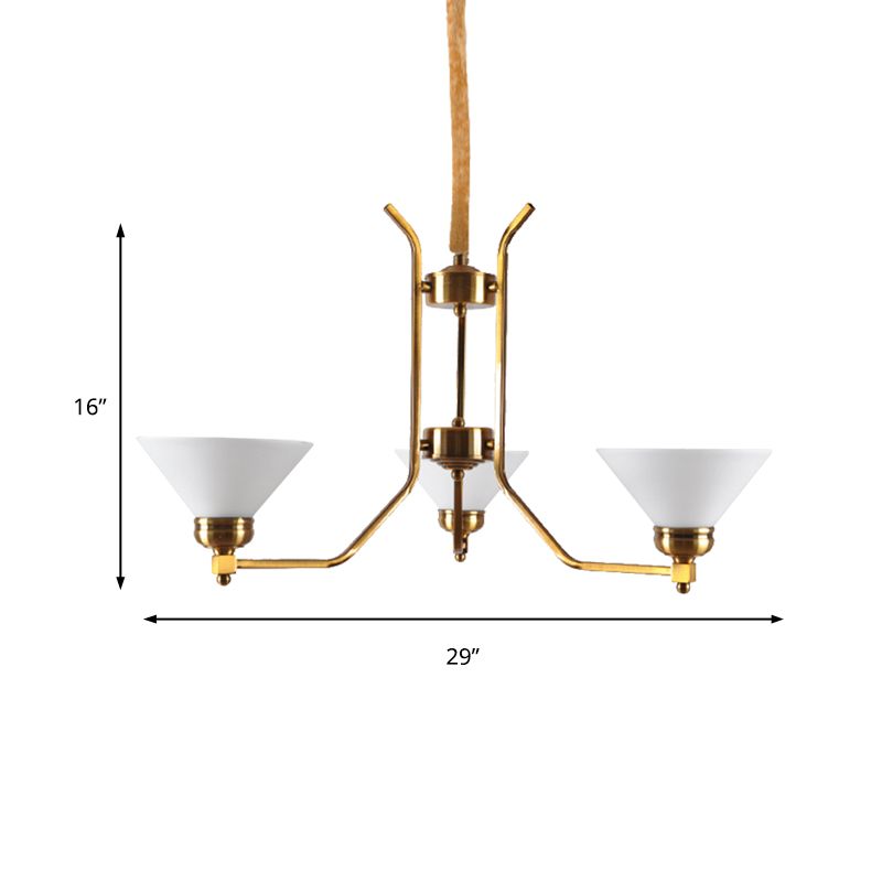 Cone White Glass Chandelier Lighting Traditional 3/6 Lights Living Room Pendant Lighting in Gold