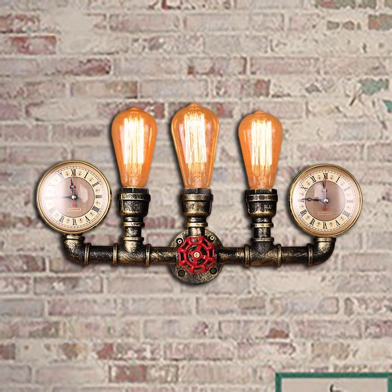 Antique Brass Pipe Wall Sconce Rustic Stylish 3 Heads Wrought Iron Wall Light Fixture with Gauge and Valve Deco