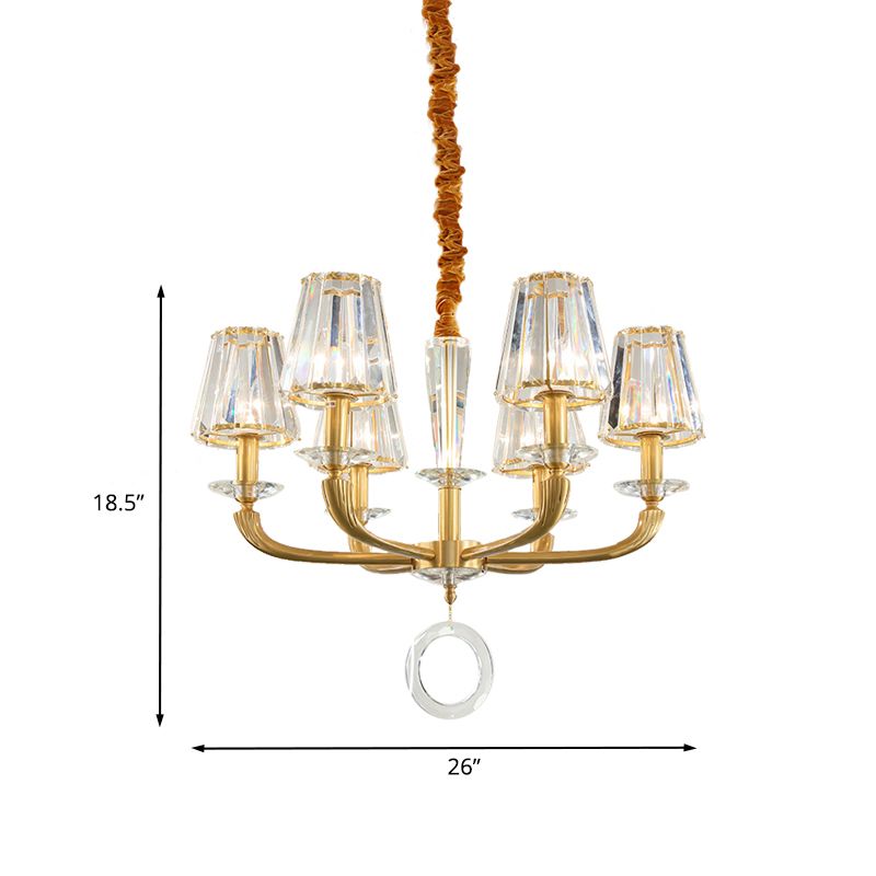 Prismatisch kristal kegel schaduw kroonluchter midden-eeuwse 6 bollen salon plafond hanger licht met ringdruppel in goud