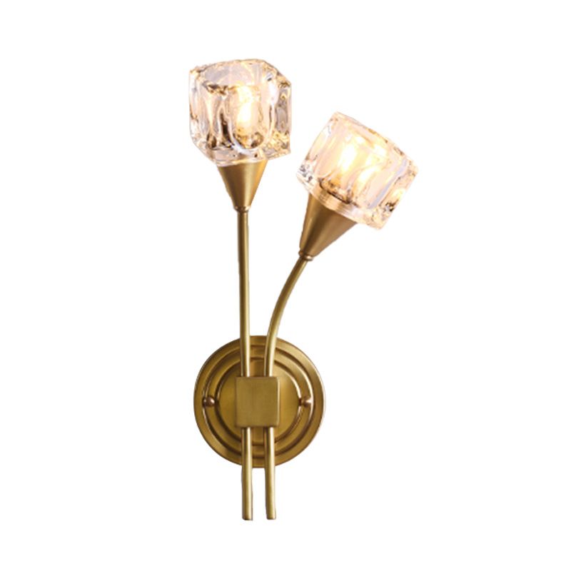 Gold Cube Wall Sconce Lighting Contemporary 2 Lights Clear Crystal LED Wall Light Fixture for Living Room